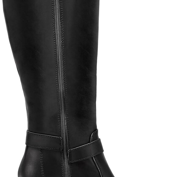 Women's Black Knee High Chunky Heel Boots with Side Zipper and Elastic Panels - - Picture 2 of 5